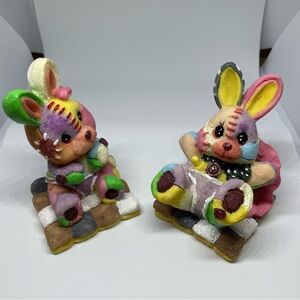 Colorful Patchwork Bunny Figurines - Set of 2